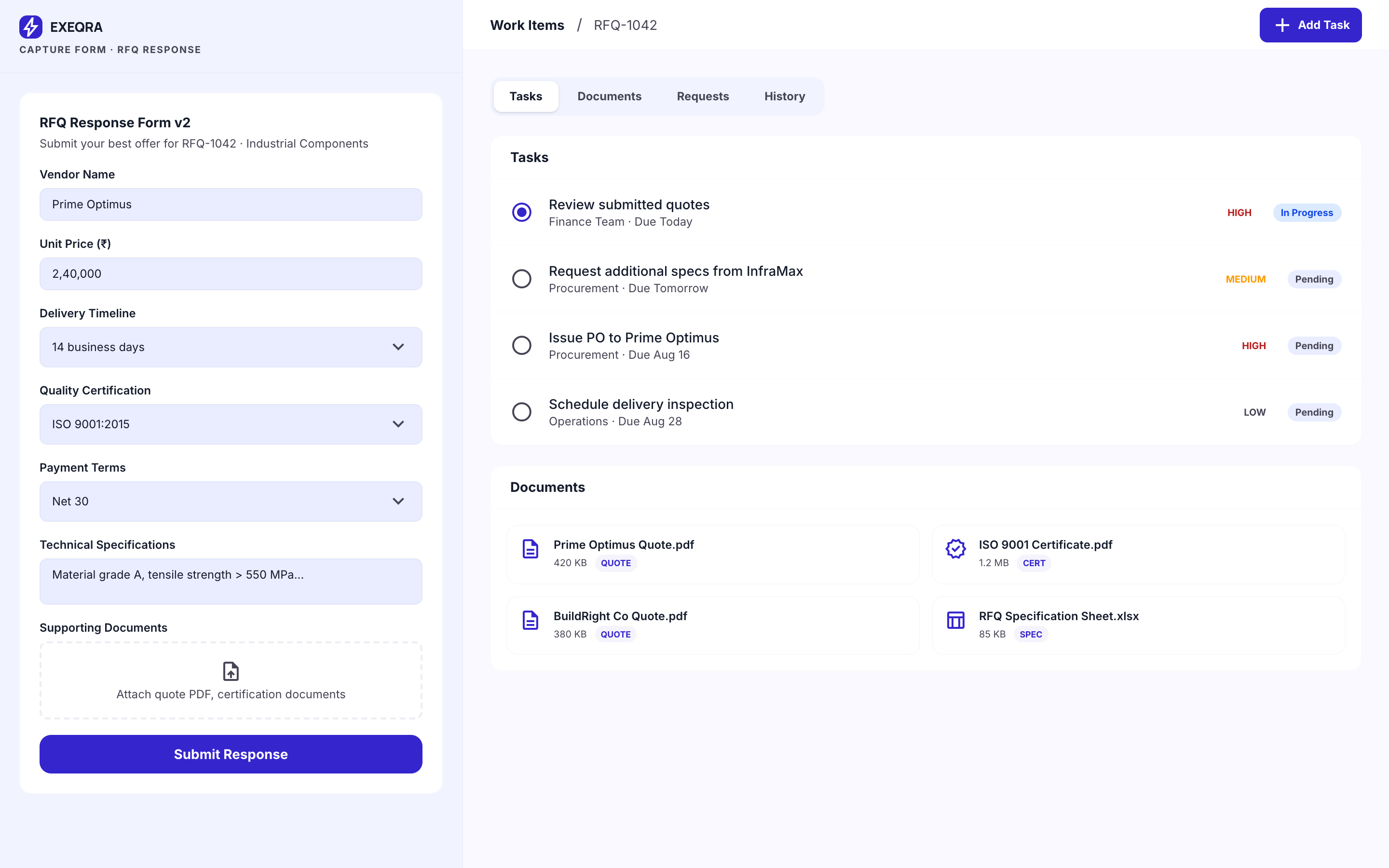 Exeqra document and records view with structured case data.
