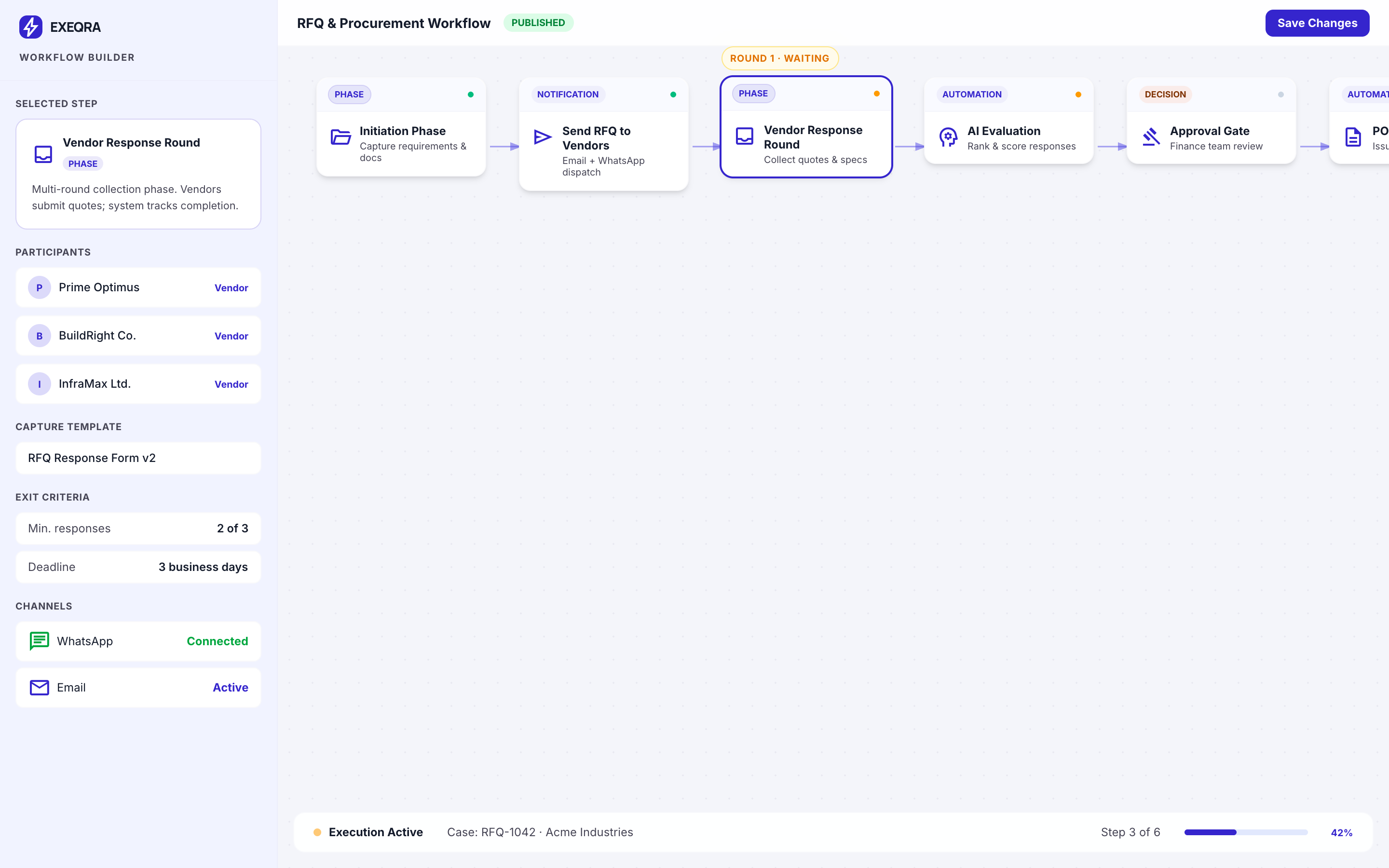 Exeqra workflow builder showing structured process stages and execution flow.